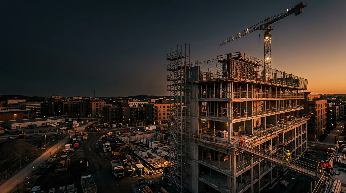 Chantier BTP au crépuscule
