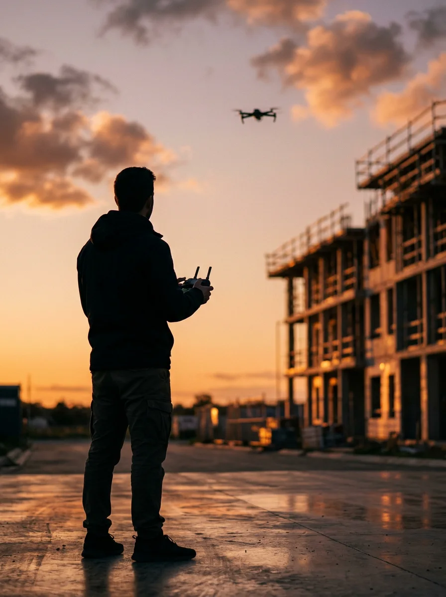 Pilote de drone SterneStudio sur un chantier BTP au coucher du soleil